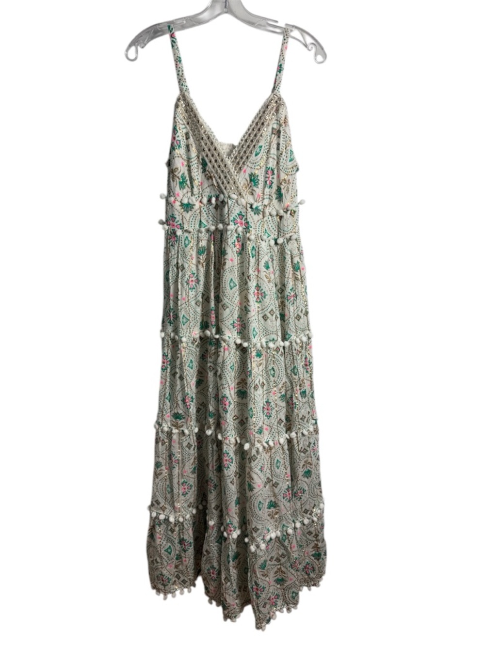 Anata Boho Tropical Printed Pompom‎ Trim Maxi Dress Size Small Medium